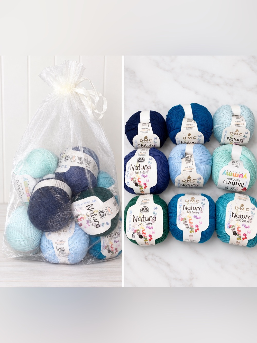 DMC NWT Natura Just Cotton Yarn Lot of 9 Skiens Balls 50g 170yd Blue & Green Hue